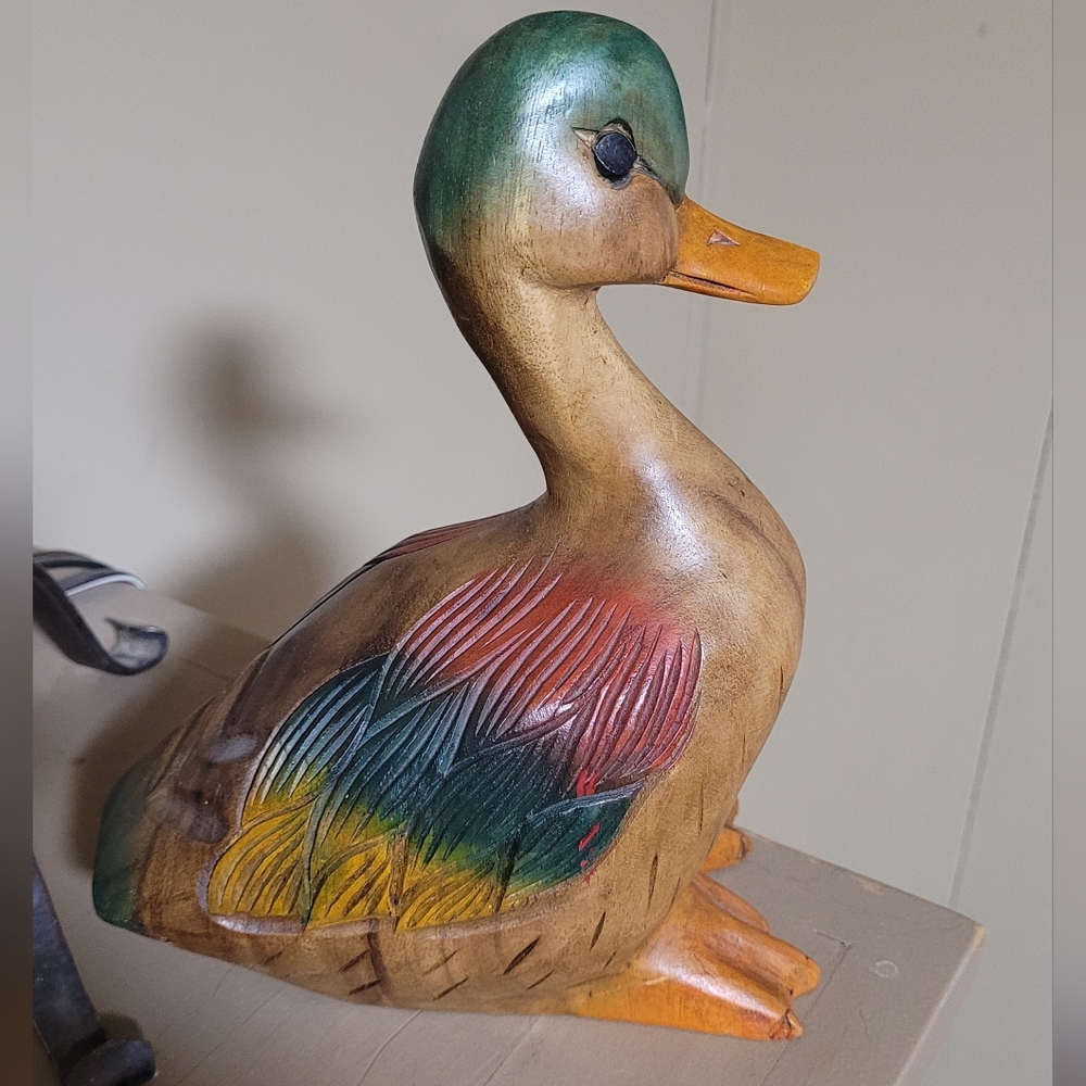 Handcrafted Wooden Duck Figurine 10 In Folk Style